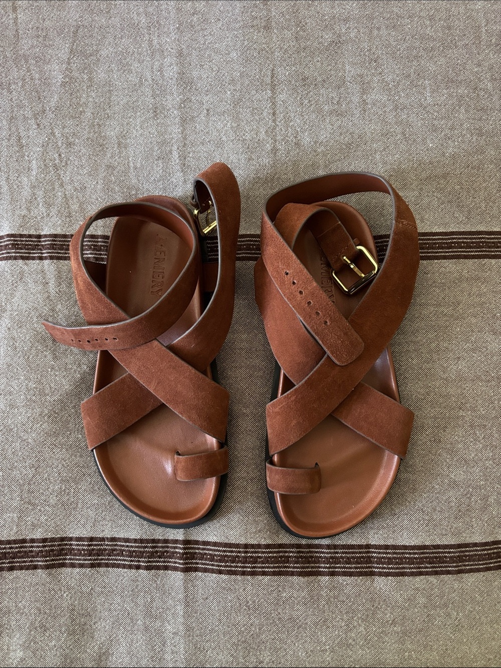 Women's Brown Suede Crisscross Toe-Loop Sandals with Buckle